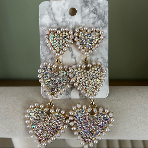 New Boutique Bling Heart Earrings, Faux Pearl And Rhinestones - Picture 2 of 2